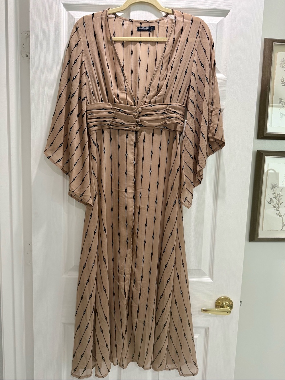 Nasty Gal Taupe Striped V-Neck long blouse size 2